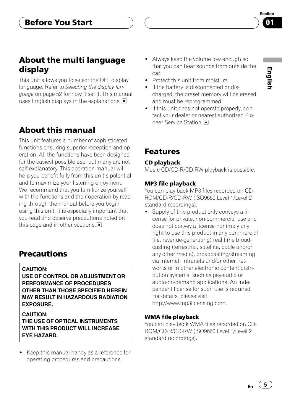 About the multi language display, About this manual, Precautions | Features, Before you start | Pioneer DEH-P9650MP User Manual | Page 5 / 221