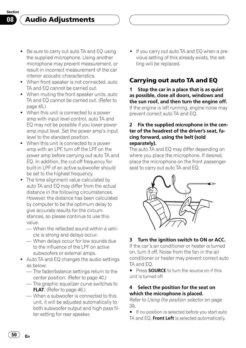 Carrying out auto ta and eq 50, Audio adjustments, Carrying out auto ta and eq | Pioneer DEH-P9650MP User Manual | Page 50 / 221