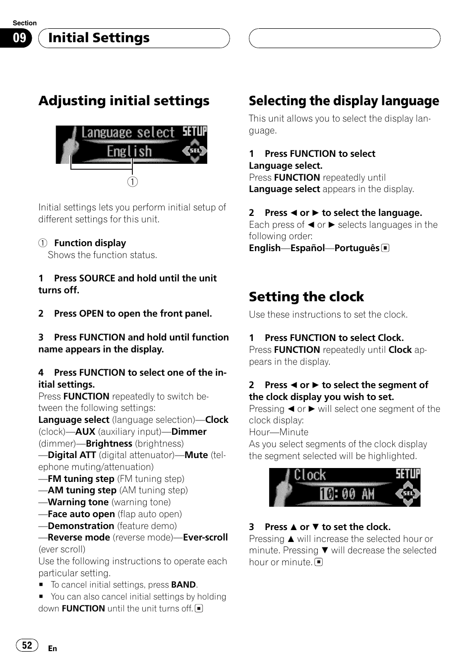 Adjusting initial settings, Selecting the display language, Setting the clock | Initial settings | Pioneer DEH-P9650MP User Manual | Page 52 / 221