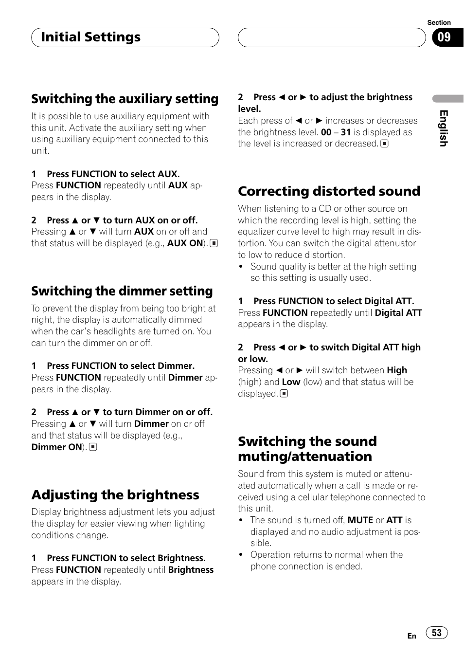 Switching the auxiliary setting, Switching the dimmer setting, Adjusting the brightness | Correcting distorted sound, Switching the sound muting/attenuation, Initial settings | Pioneer DEH-P9650MP User Manual | Page 53 / 221