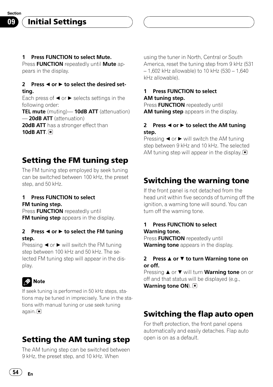 Setting the fm tuning step, Setting the am tuning step, Switching the warning tone | Switching the flap auto open, Initial settings | Pioneer DEH-P9650MP User Manual | Page 54 / 221
