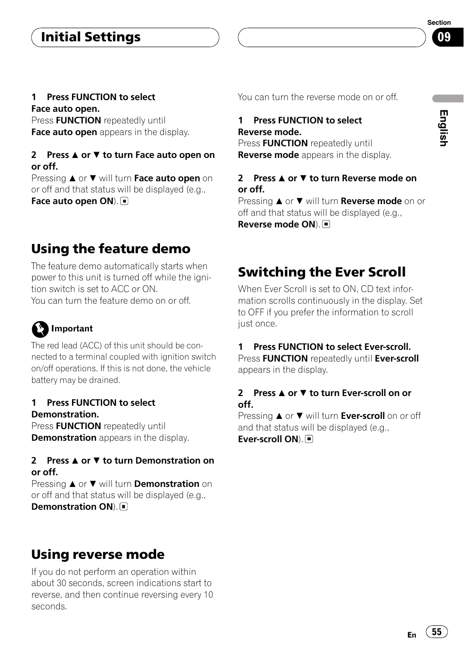 Using the feature demo, Using reverse mode, Switching the ever scroll | Initial settings | Pioneer DEH-P9650MP User Manual | Page 55 / 221