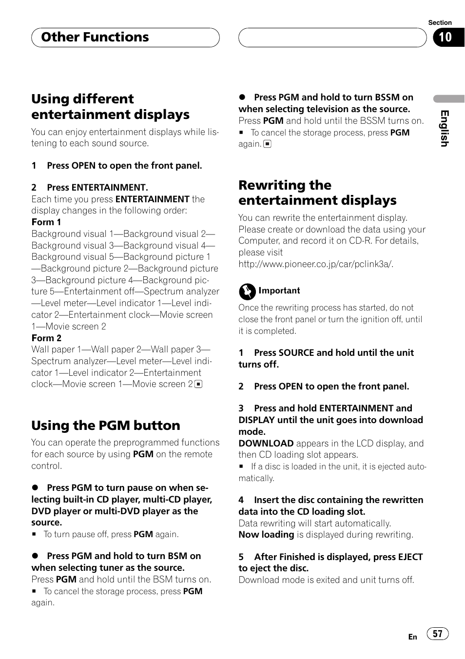 Using different entertainment displays, Using the pgm button, Rewriting the entertainment displays | Other functions | Pioneer DEH-P9650MP User Manual | Page 57 / 221