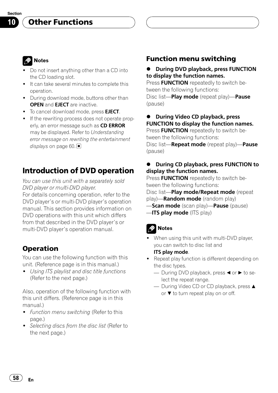 Introduction of dvd operation 58, Operation 58, Function menu switching 58 | Introduction of dvd operation, Other functions, Operation, Function menu switching | Pioneer DEH-P9650MP User Manual | Page 58 / 221