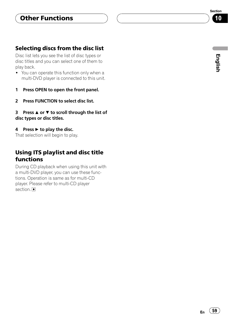 Selecting discs from the disc list 59, Using its playlist and disc title, Functions 59 | Using its playlist and disc title functions, Selecting discs from the disc list, Other functions | Pioneer DEH-P9650MP User Manual | Page 59 / 221