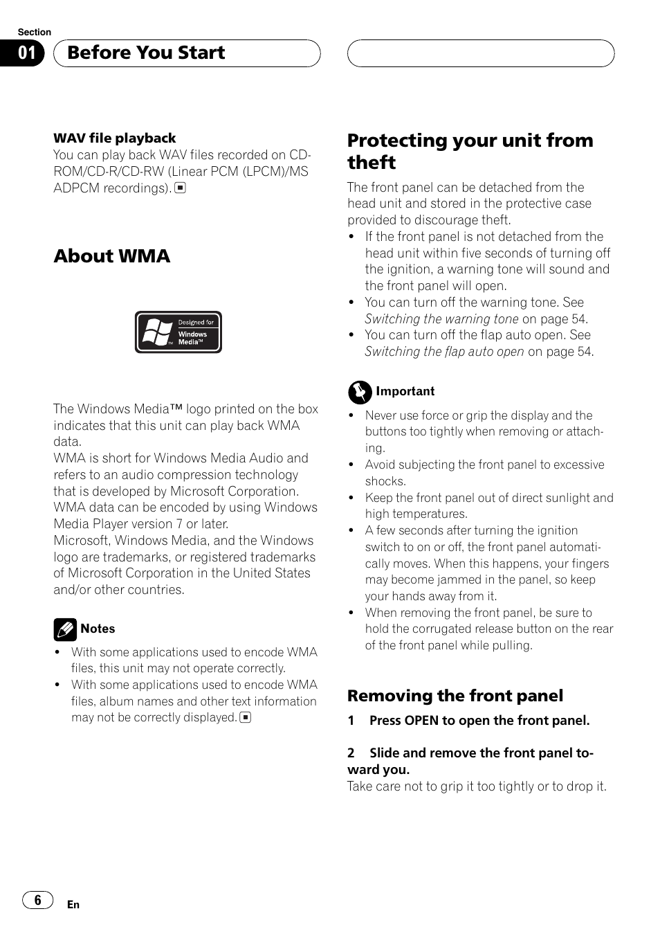 About wma 6 protecting your unit from theft 6, Removing the front panel 6, About wma | Protecting your unit from theft, Before you start, Removing the front panel | Pioneer DEH-P9650MP User Manual | Page 6 / 221