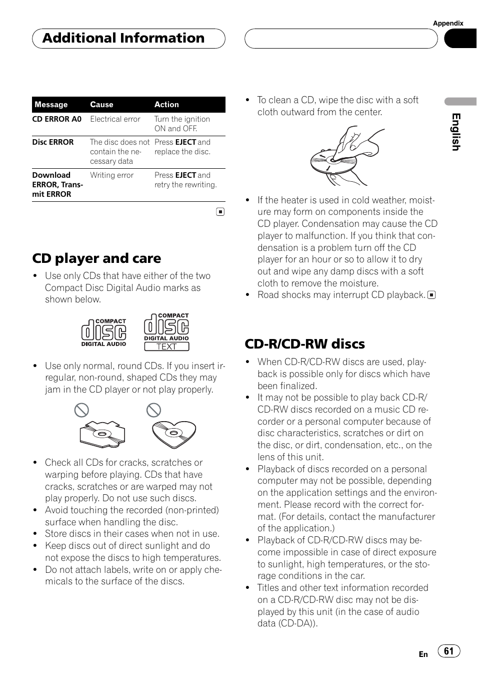 Cd player and care 61 cd-r/cd-rw discs 61, Cd player and care, Cd-r/cd-rw discs | Additional information | Pioneer DEH-P9650MP User Manual | Page 61 / 221