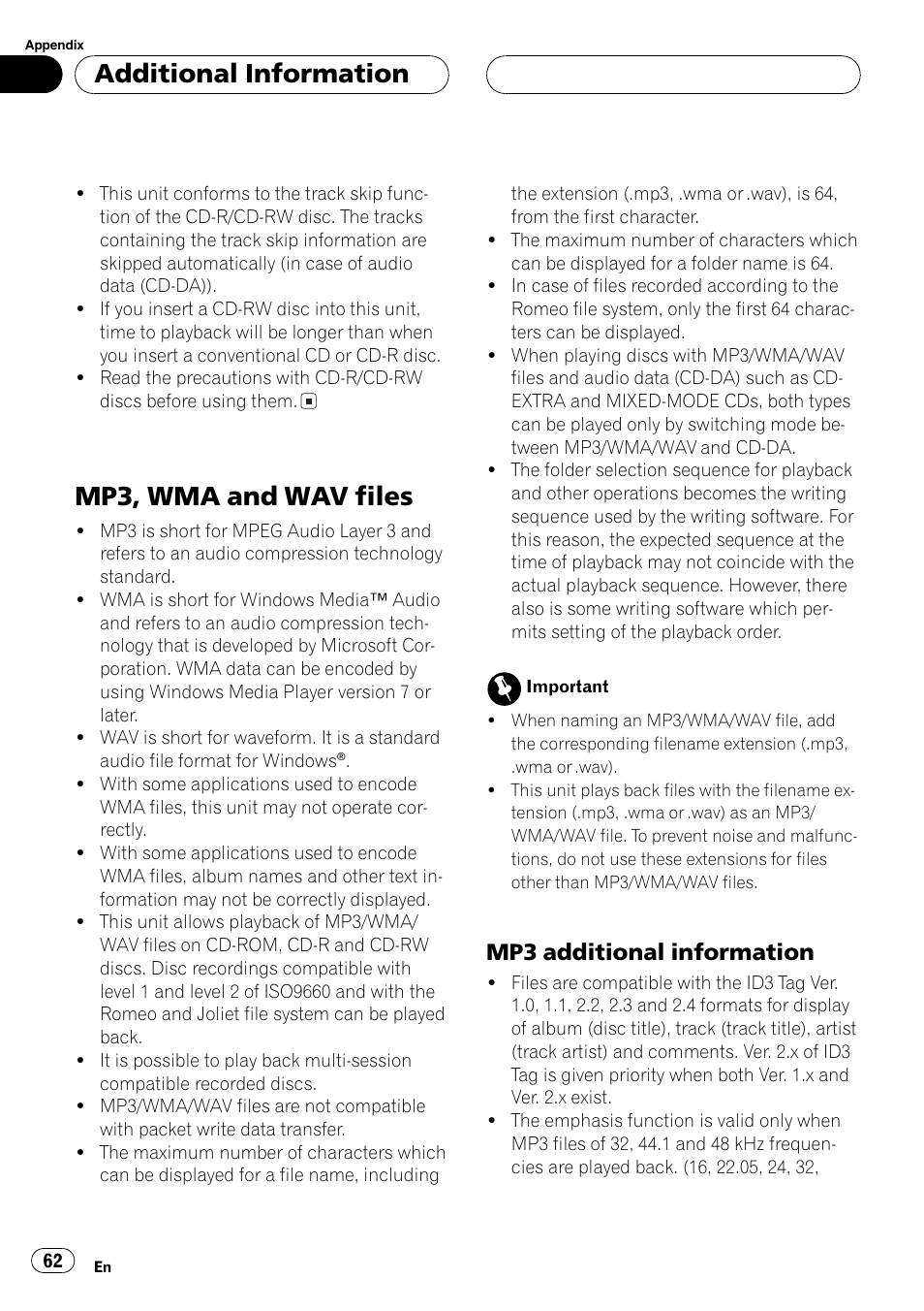 Mp3, wma and wav files 62, Mp3 additional information 62, Mp3, wma and wavfiles | Additional information, Mp3 additional information | Pioneer DEH-P9650MP User Manual | Page 62 / 221