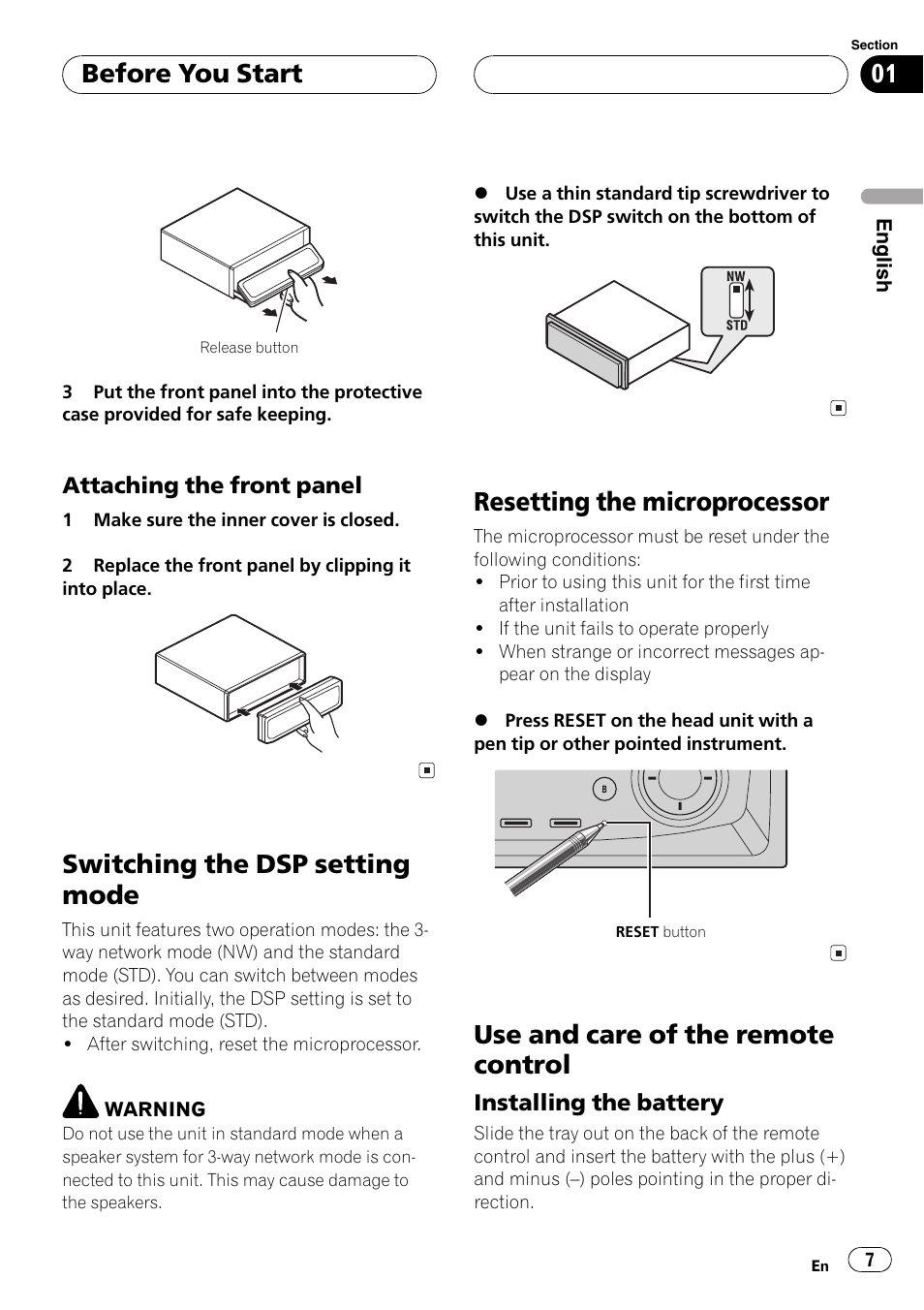 Attaching the front panel 7, Installing the battery 7, Switching the dsp setting mode | Resetting the microprocessor, Use and care of the remote control, Before you start | Pioneer DEH-P9650MP User Manual | Page 7 / 221