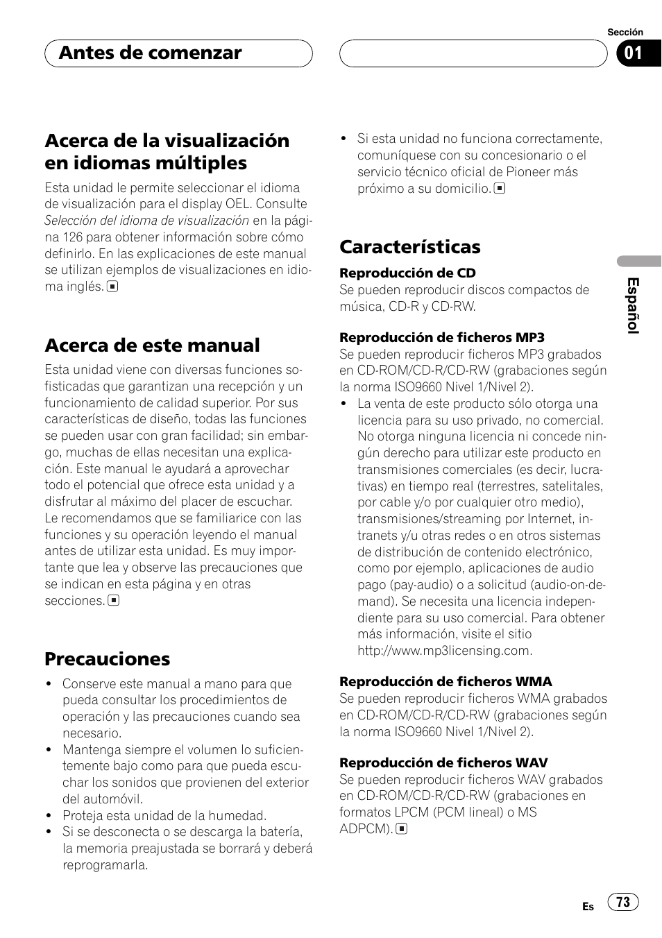 Múltiples 73, Acerca de este manual 73, Precauciones 73 | Características 73, Acerca de la visualización en idiomas múltiples, Acerca de este manual, Precauciones, Características, Antes de comenzar | Pioneer DEH-P9650MP User Manual | Page 73 / 221
