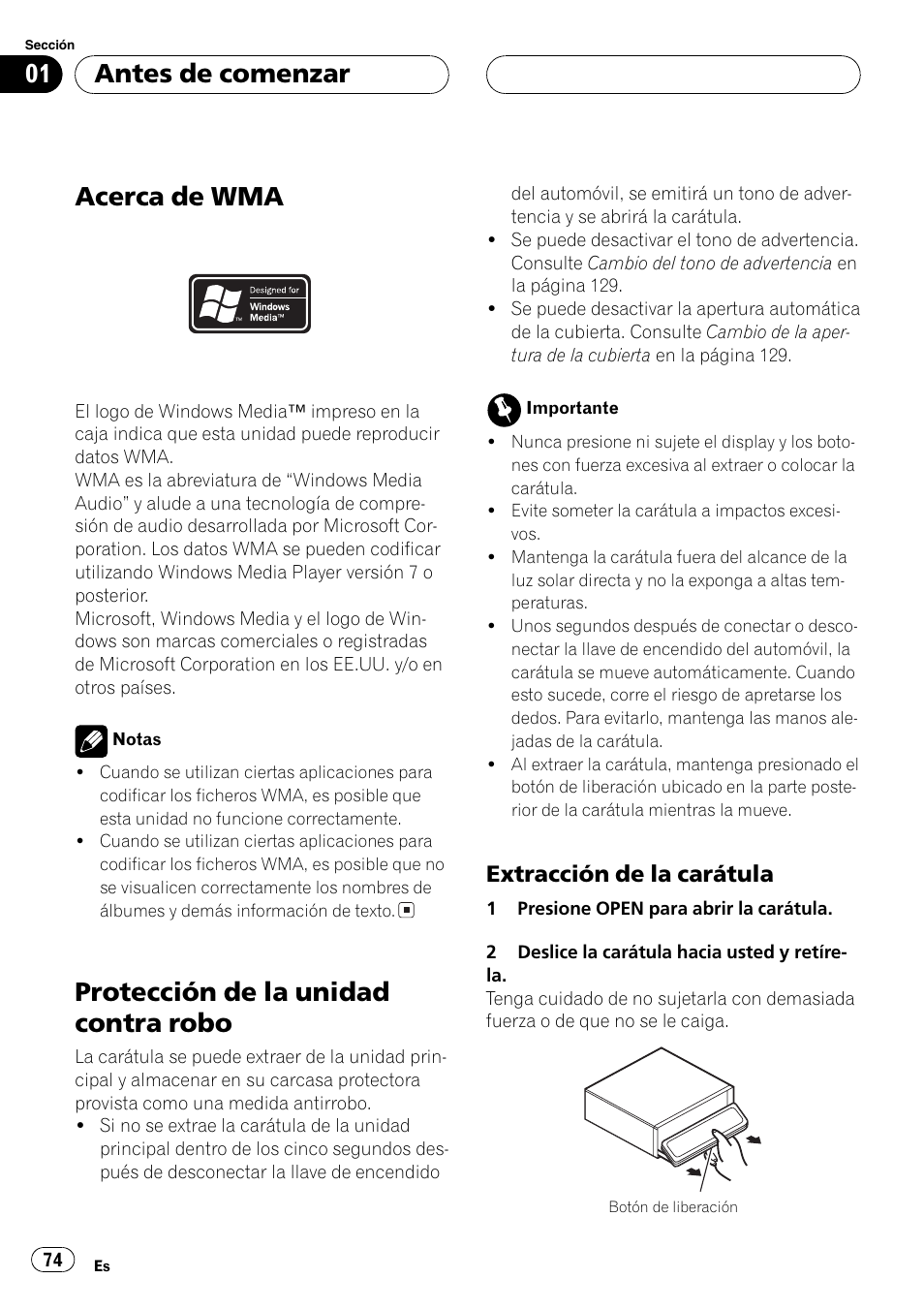 Acerca de wma 74, Protección de la unidad contra robo 74, Extracción de la carátula 74 | Acerca de wma, Protección de la unidad contra robo, Antes de comenzar, Extracción de la carátula | Pioneer DEH-P9650MP User Manual | Page 74 / 221