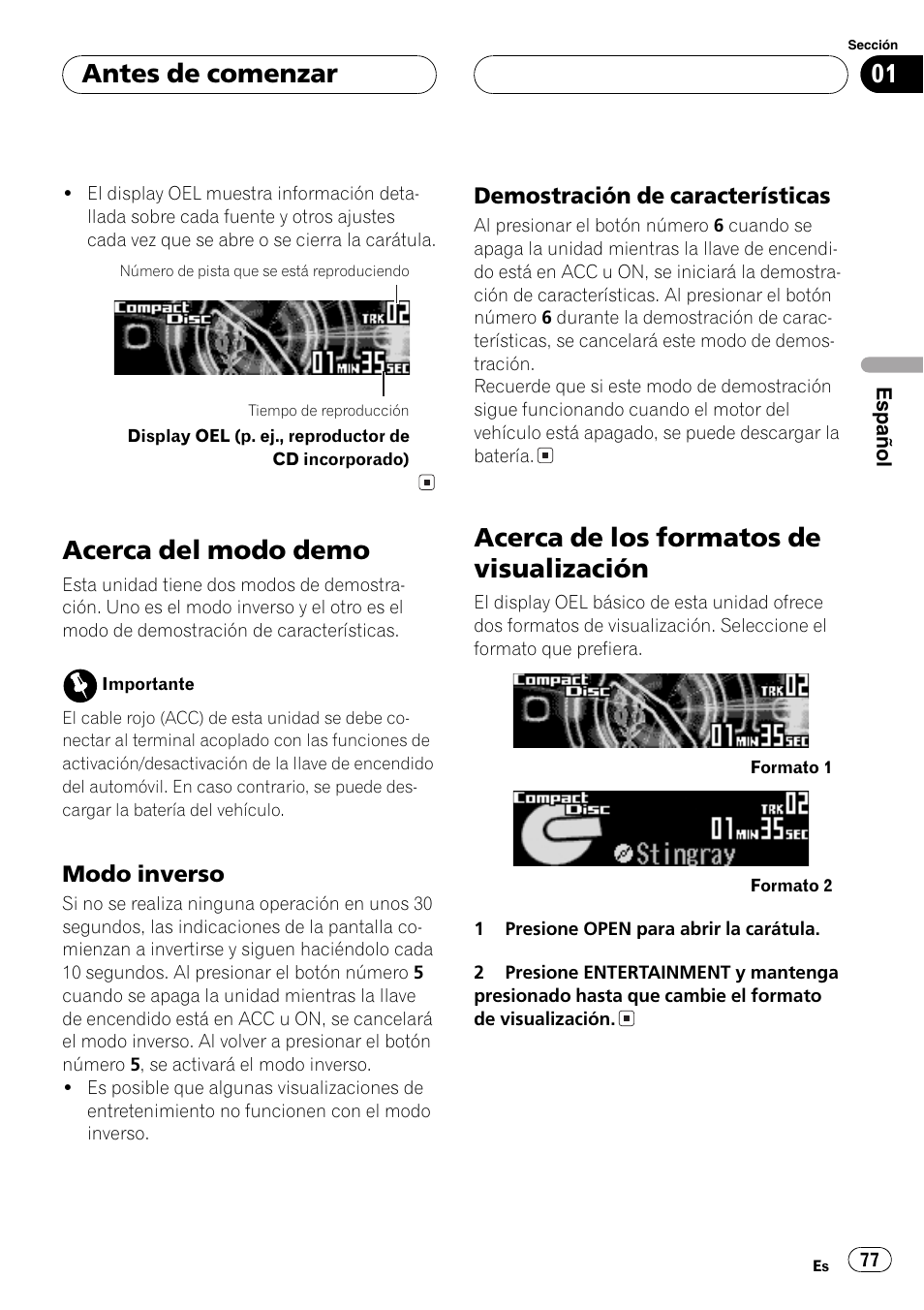 Acerca del modo demo 77, Modo inverso 77, Demostración de características 77 | Acerca de los formatos de visualización 77, Acerca del modo demo, Acerca de los formatos de visualización, Antes de comenzar, Modo inverso, Demostración de características | Pioneer DEH-P9650MP User Manual | Page 77 / 221