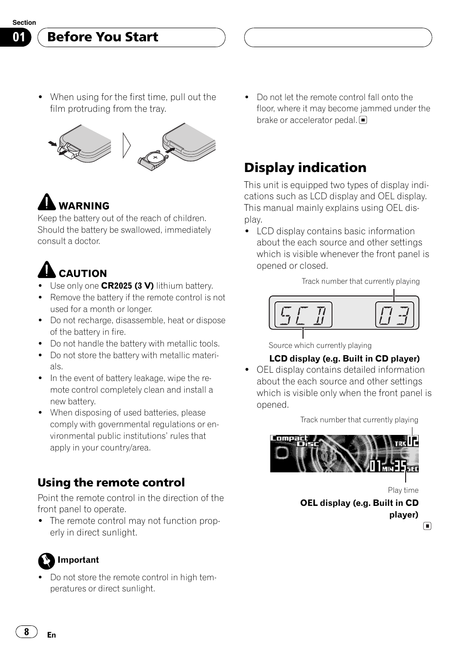 Using the remote control 8, Display indication 8, Display indication | Before you start, Using the remote control | Pioneer DEH-P9650MP User Manual | Page 8 / 221