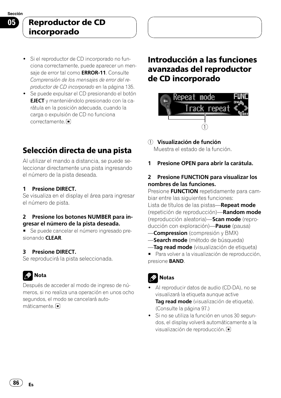 Selección directa de una pista 86, Introducción a las funciones avanzadas del, Reproductor de cd incorporado 86 | Selección directa de una pista, Reproductor de cd incorporado | Pioneer DEH-P9650MP User Manual | Page 86 / 221