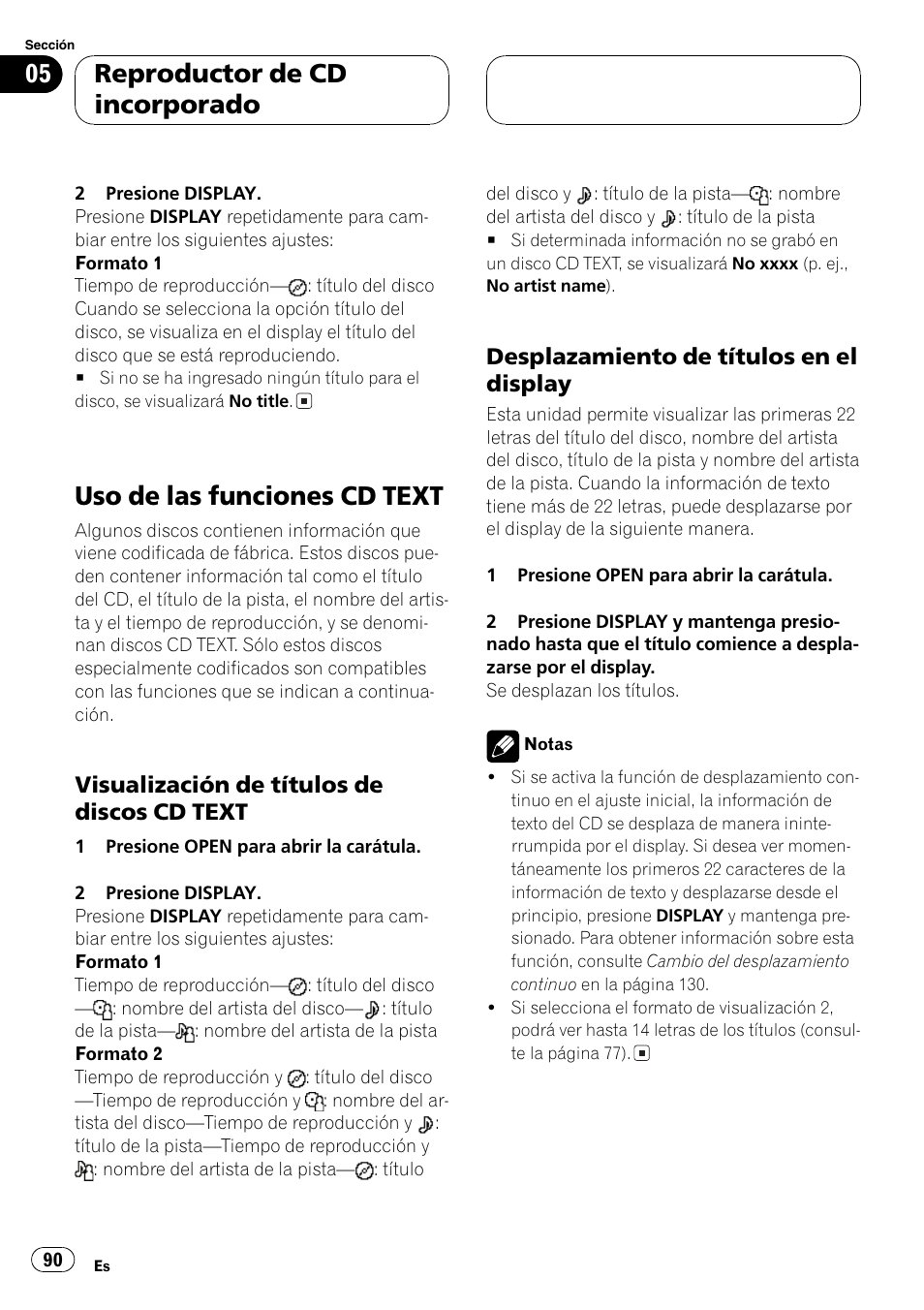 Uso de las funciones cd text 90, Visualización de títulos de discos cd, Text 90 | Desplazamiento de títulos en el, Display 90, Uso de las funciones cd text, Reproductor de cd incorporado, Visualización de títulos de discos cd text, Desplazamiento de títulos en el display | Pioneer DEH-P9650MP User Manual | Page 90 / 221