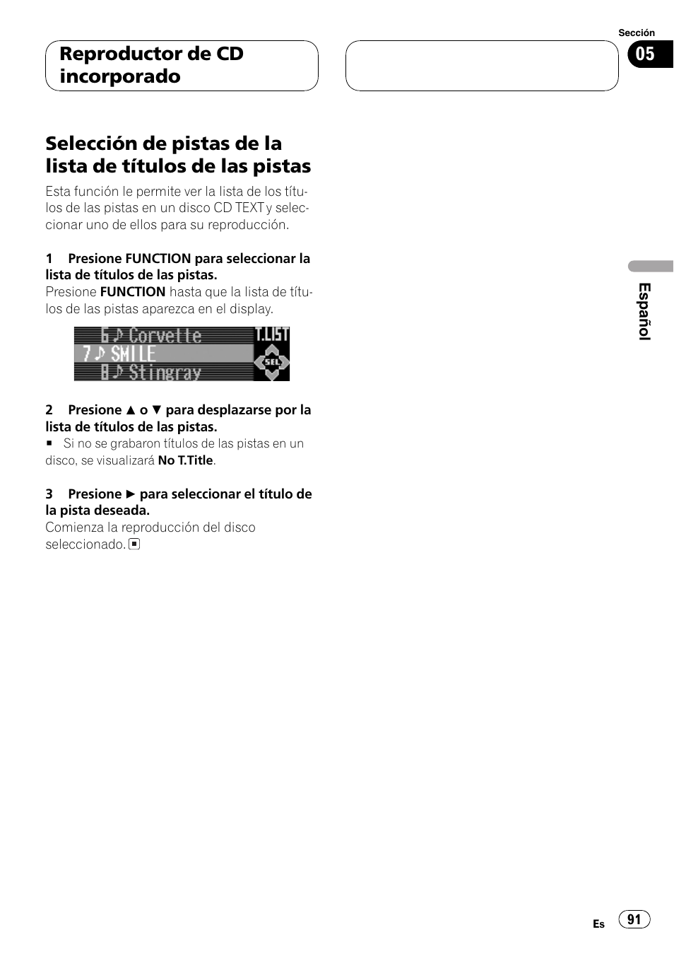 Selección de pistas de la lista de títulos de, Las pistas 91, Reproductor de cd incorporado | Pioneer DEH-P9650MP User Manual | Page 91 / 221