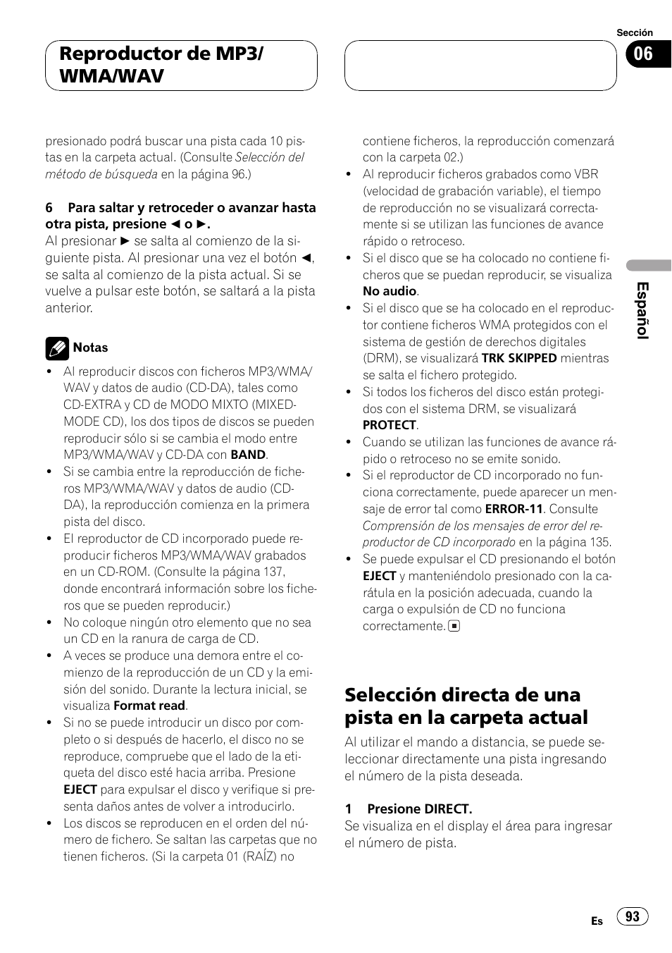 Selección directa de una pista en la carpeta, Actual 93, Reproductor de mp3/ wma/wav | Pioneer DEH-P9650MP User Manual | Page 93 / 221