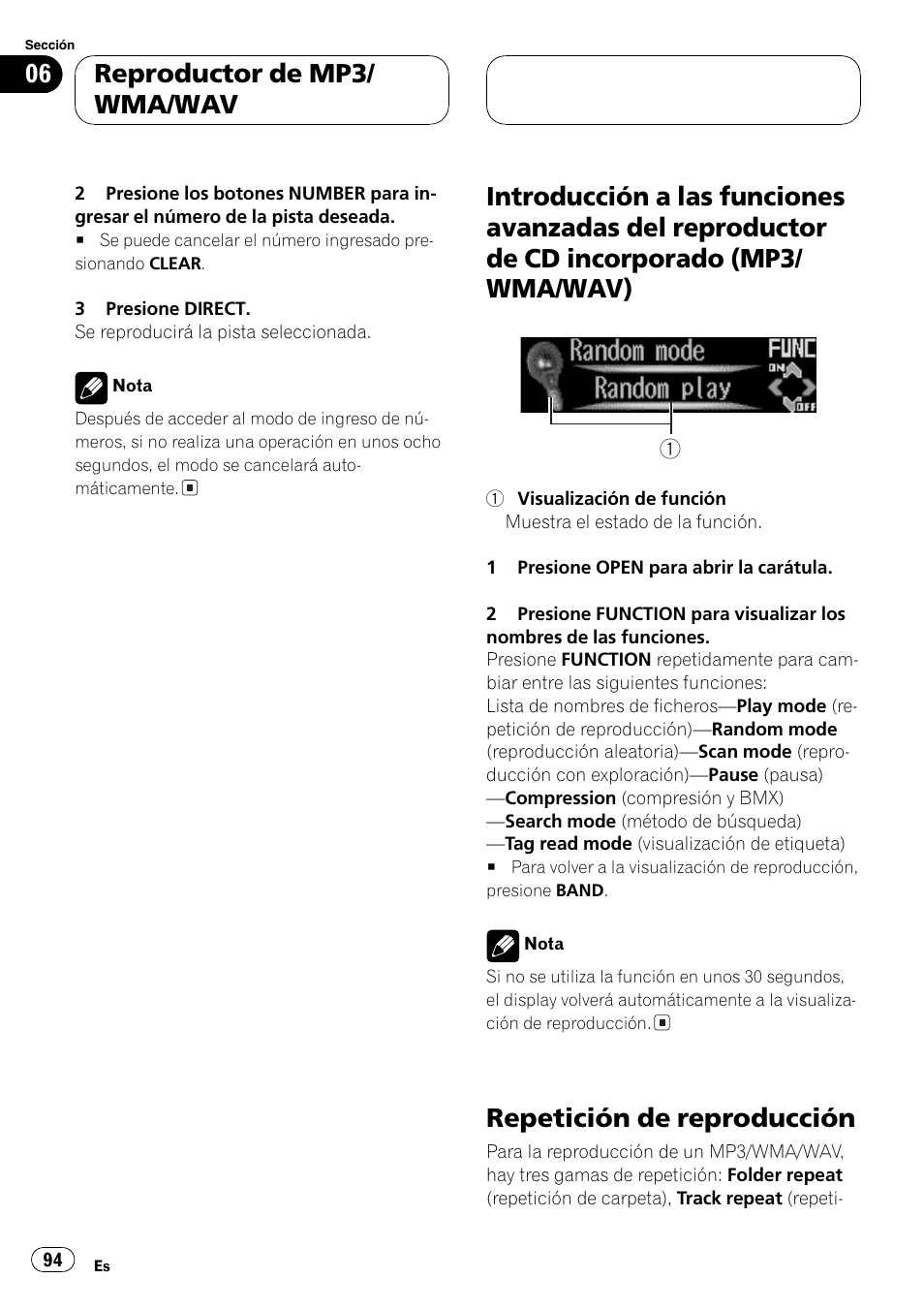 Introducción a las funciones avanzadas del, Reproductor de cd incorporado (mp3, Wma/wav) 94 | Repetición de reproducción 94, Repetición de reproducción, Reproductor de mp3/ wma/wav | Pioneer DEH-P9650MP User Manual | Page 94 / 221