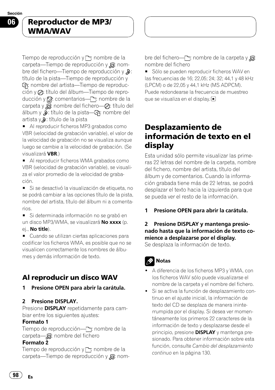 Al reproducir un disco wav 98, Desplazamiento de información de texto en, El display 98 | Reproductor de mp3/ wma/wav | Pioneer DEH-P9650MP User Manual | Page 98 / 221