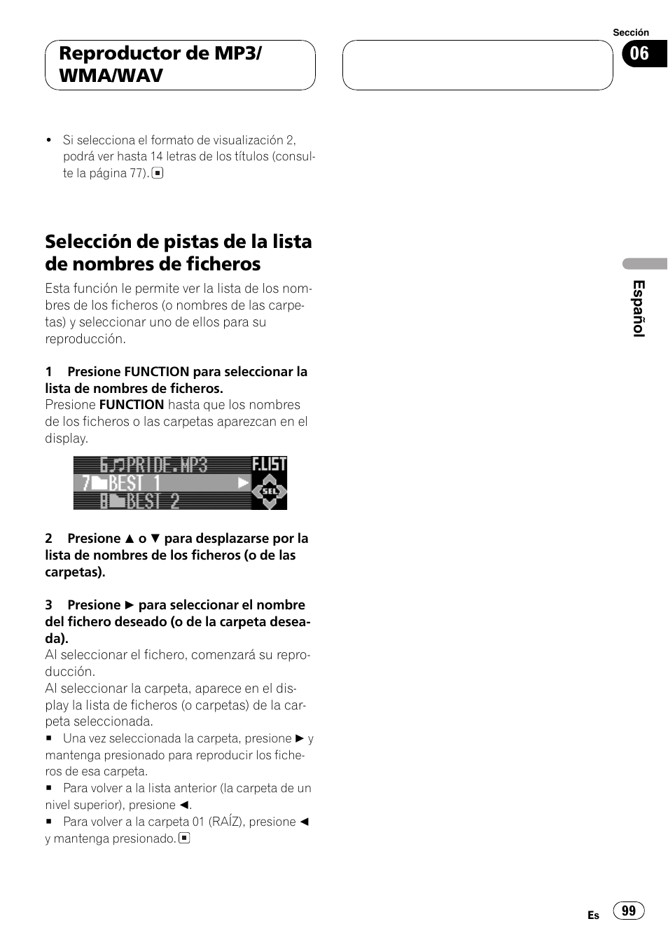 Selección de pistas de la lista de nombres de, Ficheros 99, Reproductor de mp3/ wma/wav | Pioneer DEH-P9650MP User Manual | Page 99 / 221