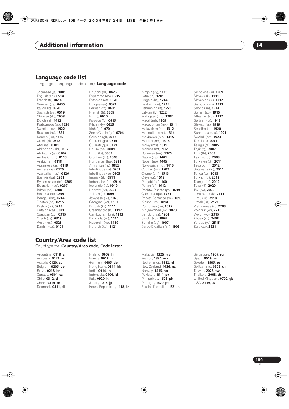 Language code list, Country/area code list, Additional information 14 | Pioneer DVR-530H-S User Manual | Page 109 / 119