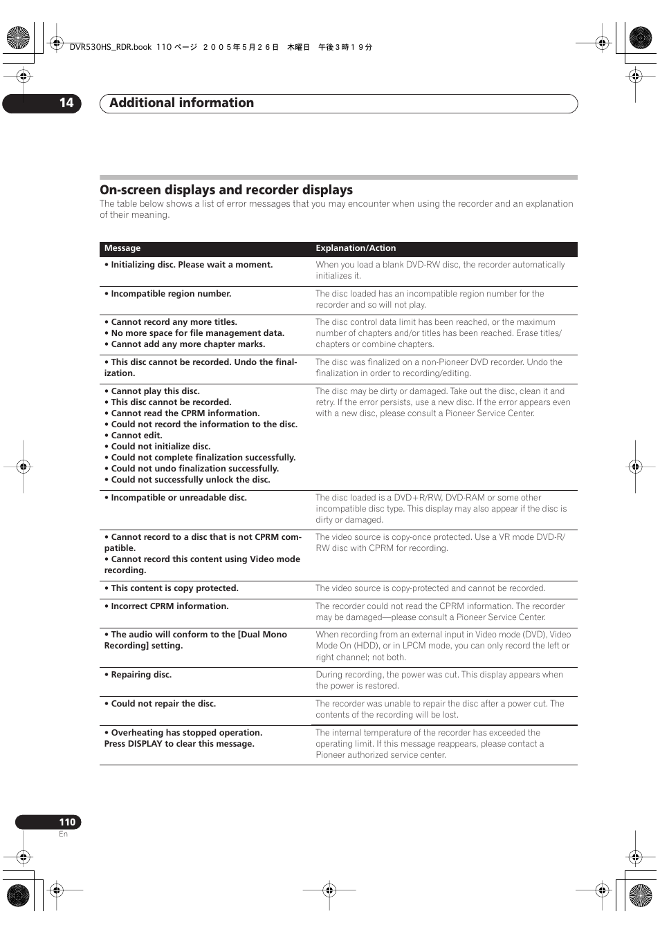 On-screen displays and recorder displays, Additional information 14 | Pioneer DVR-530H-S User Manual | Page 110 / 119