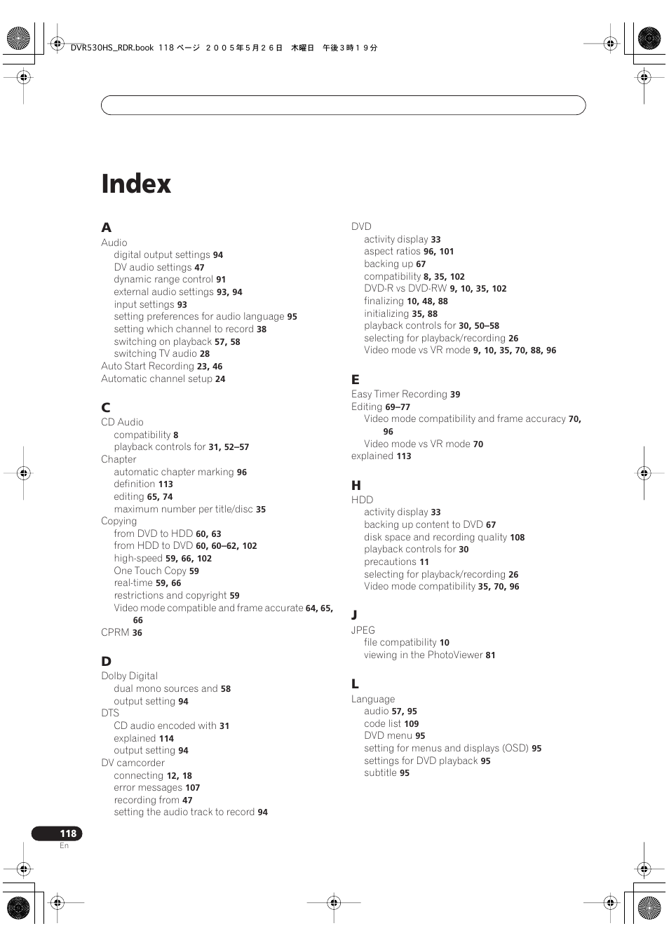 Index | Pioneer DVR-530H-S User Manual | Page 117 / 119