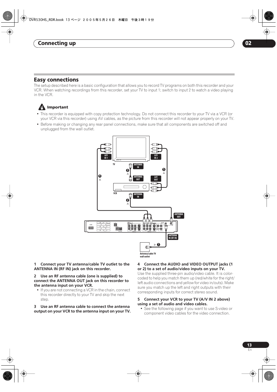 Easy connections, Connecting up 02, Important | Pioneer DVR-530H-S User Manual | Page 13 / 119