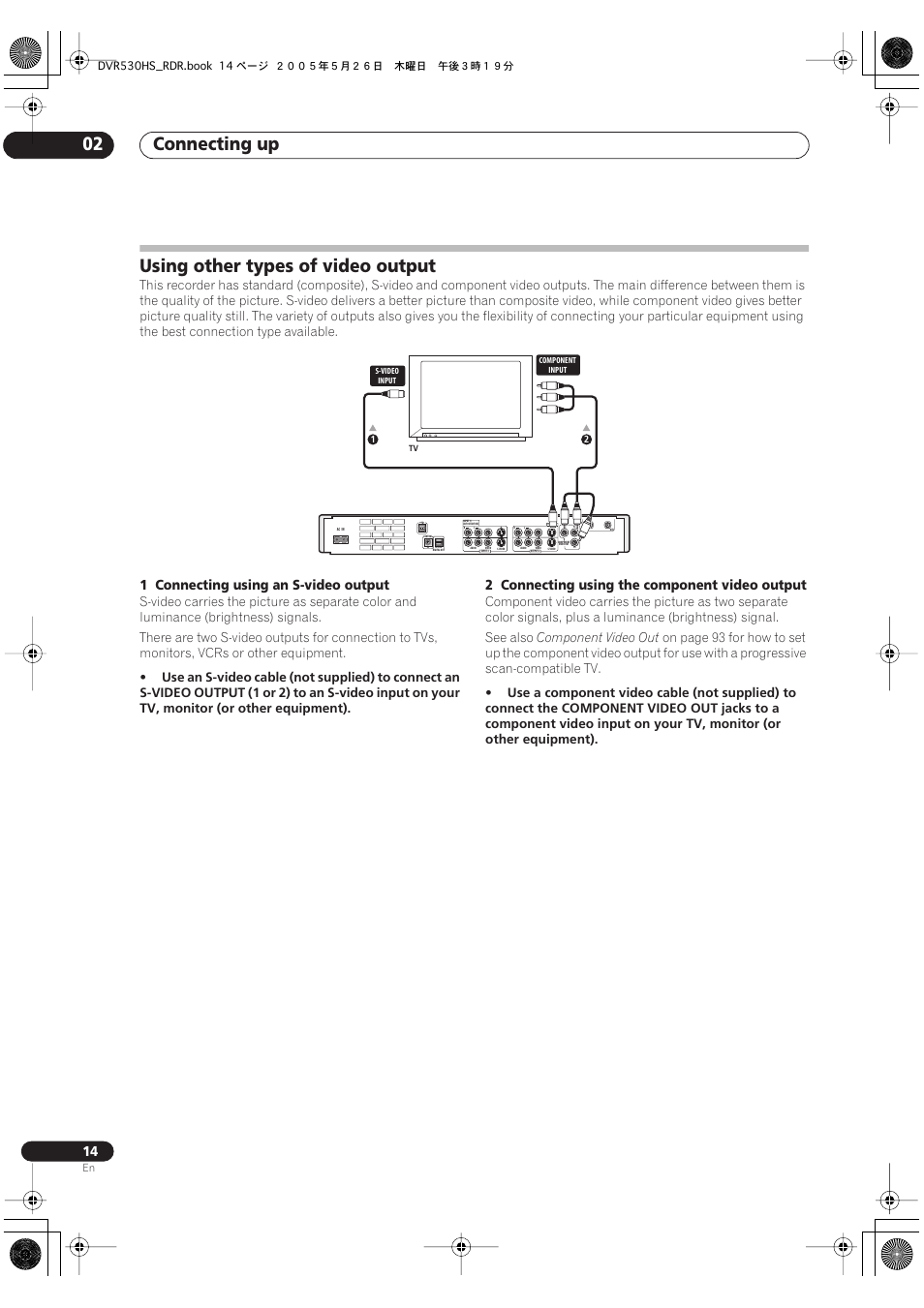 Using other types of video output, Connecting up 02, 1 connecting using an s-video output | 2 connecting using the component video output, Component video out | Pioneer DVR-530H-S User Manual | Page 14 / 119