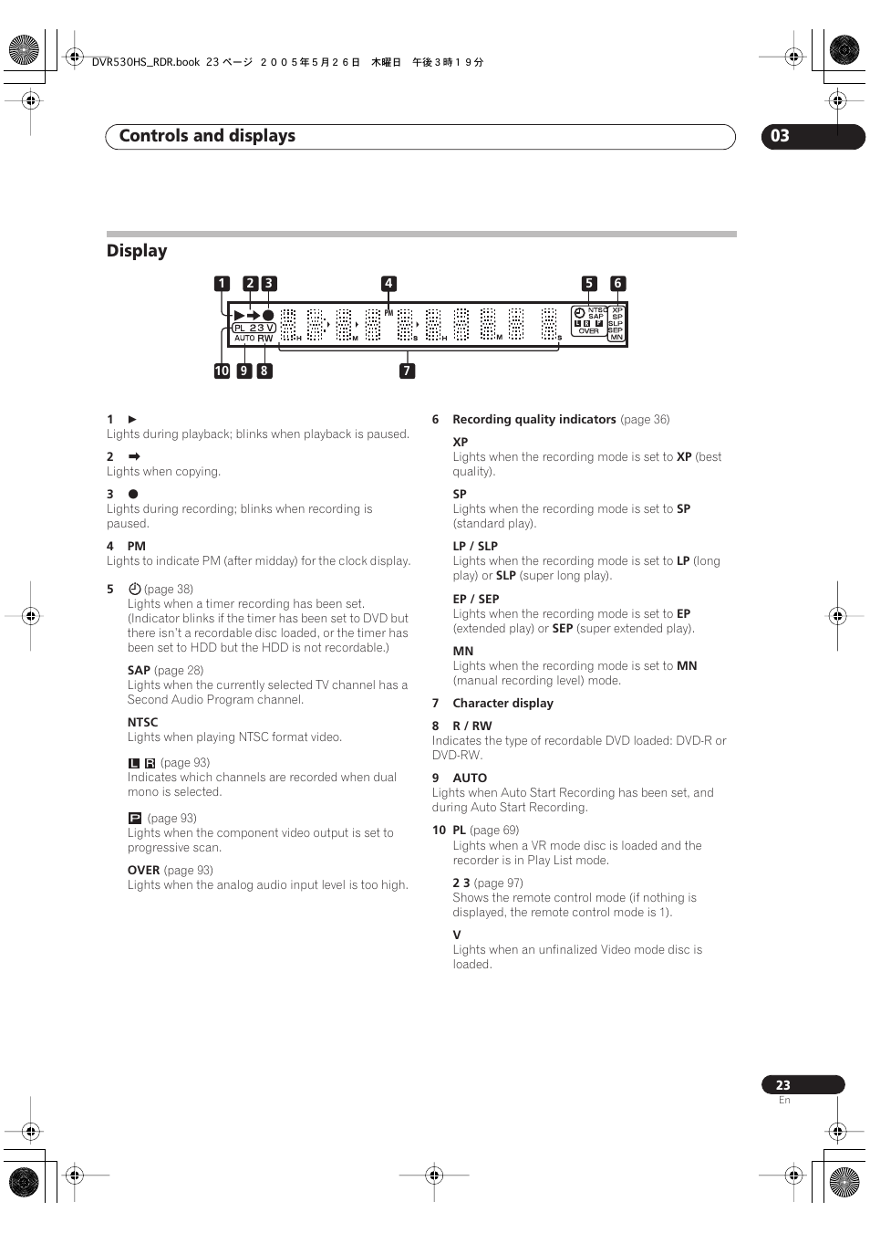 Display, Controls and displays 03 | Pioneer DVR-530H-S User Manual | Page 23 / 119