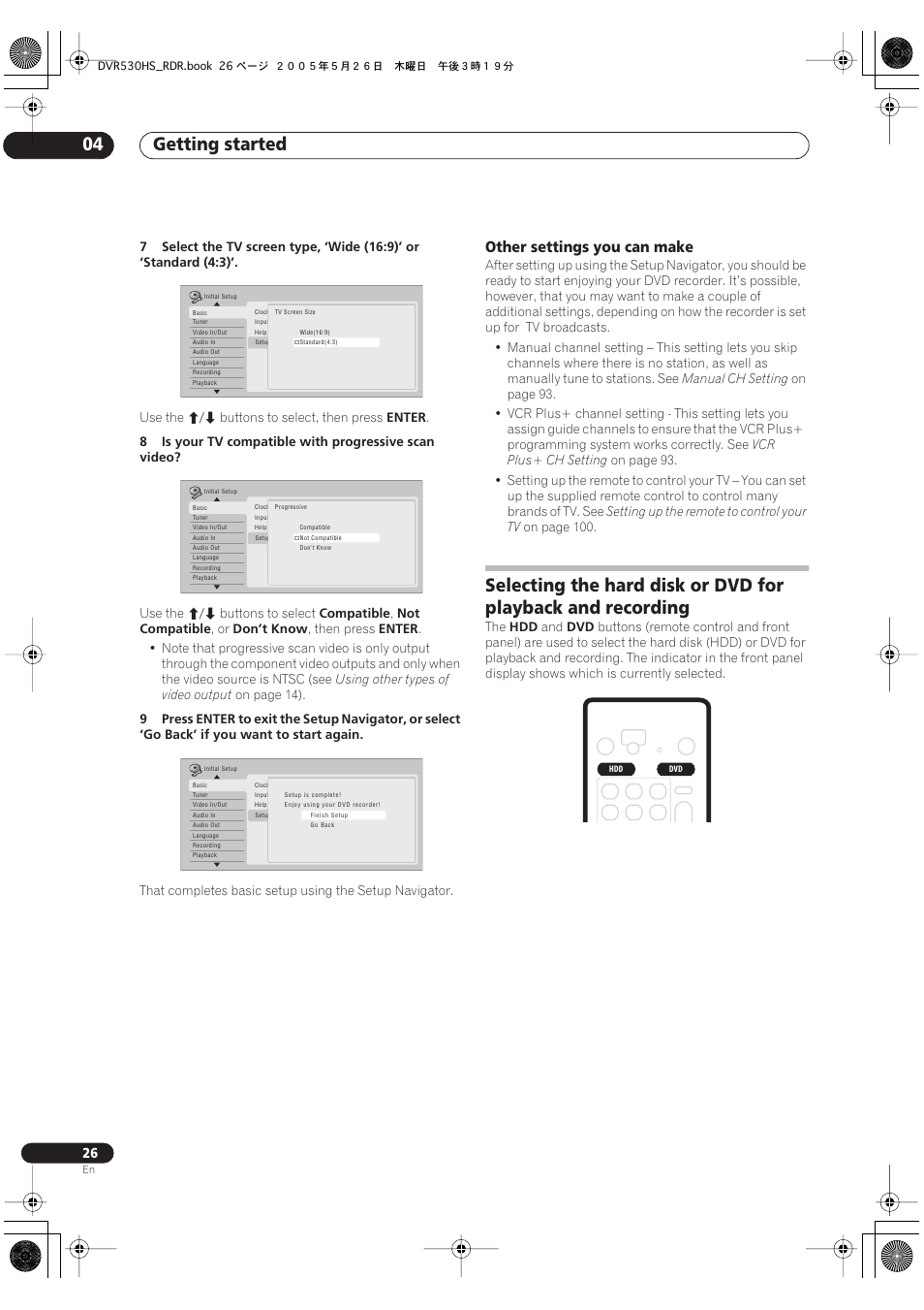 Getting started 04, Other settings you can make | Pioneer DVR-530H-S User Manual | Page 26 / 119