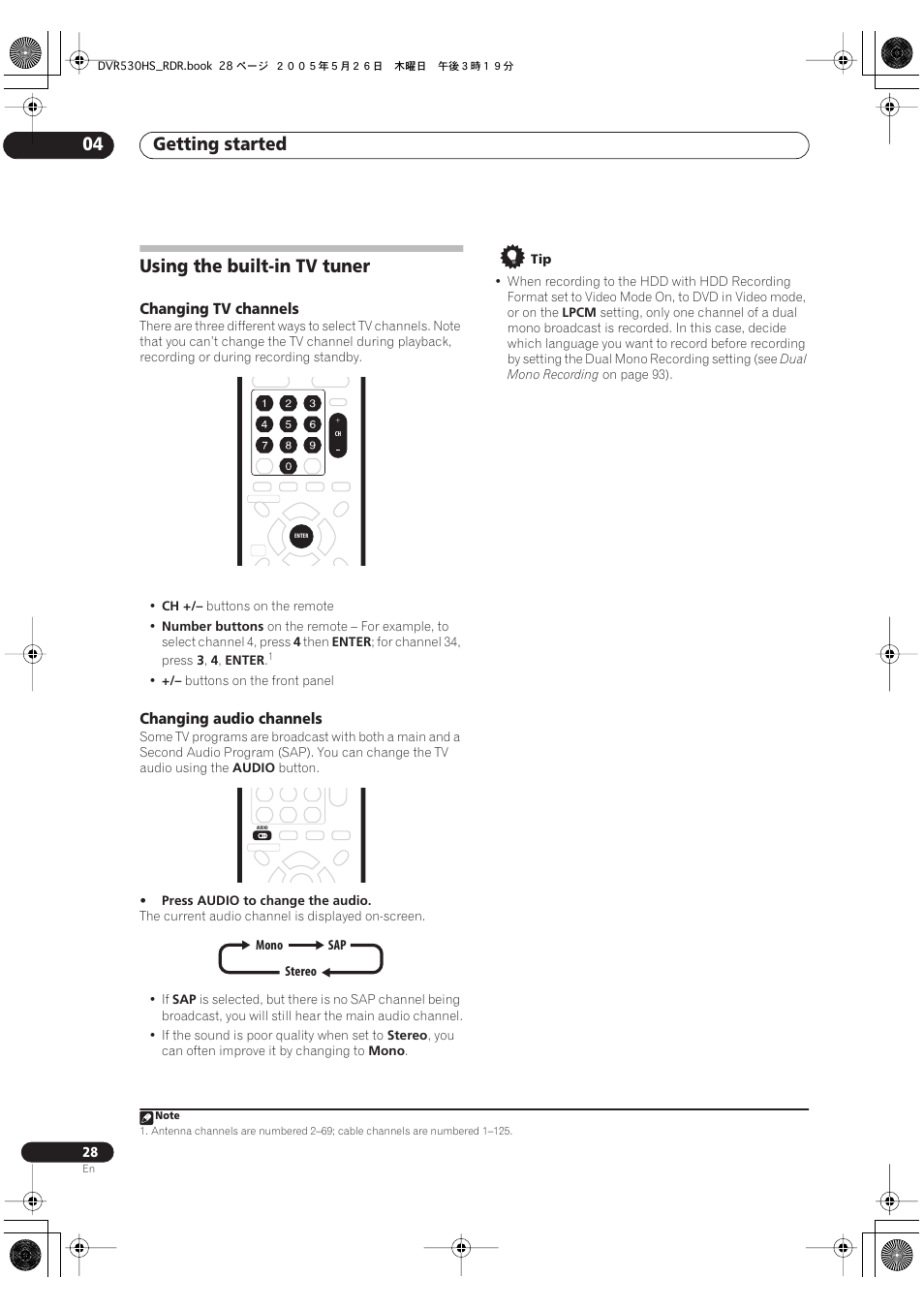 Using the built-in tv tuner, Getting started 04 | Pioneer DVR-530H-S User Manual | Page 28 / 119