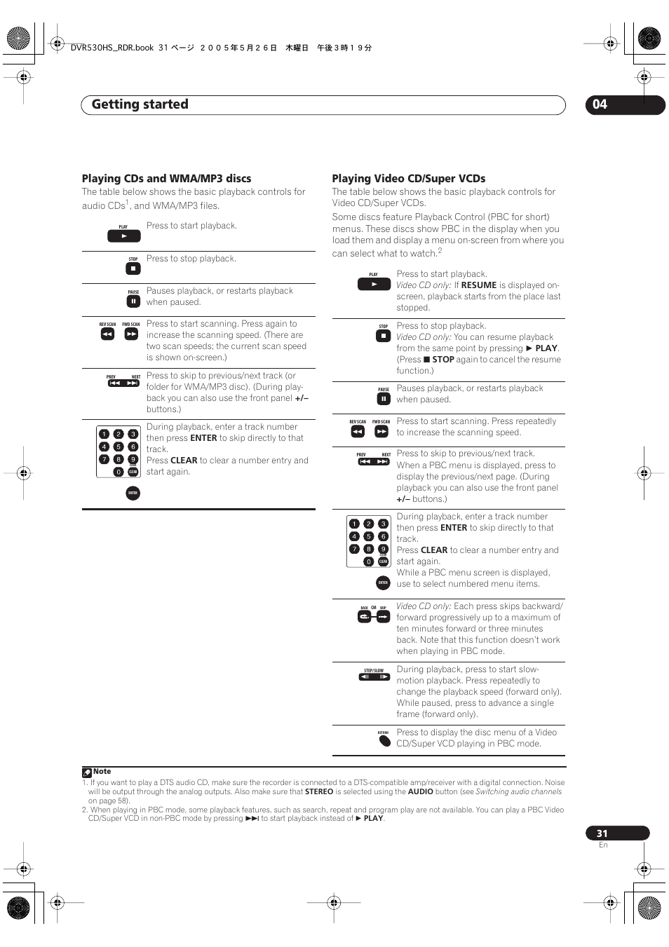 Getting started 04, Playing cds and wma/mp3 discs, Playing video cd/super vcds | Pioneer DVR-530H-S User Manual | Page 31 / 119