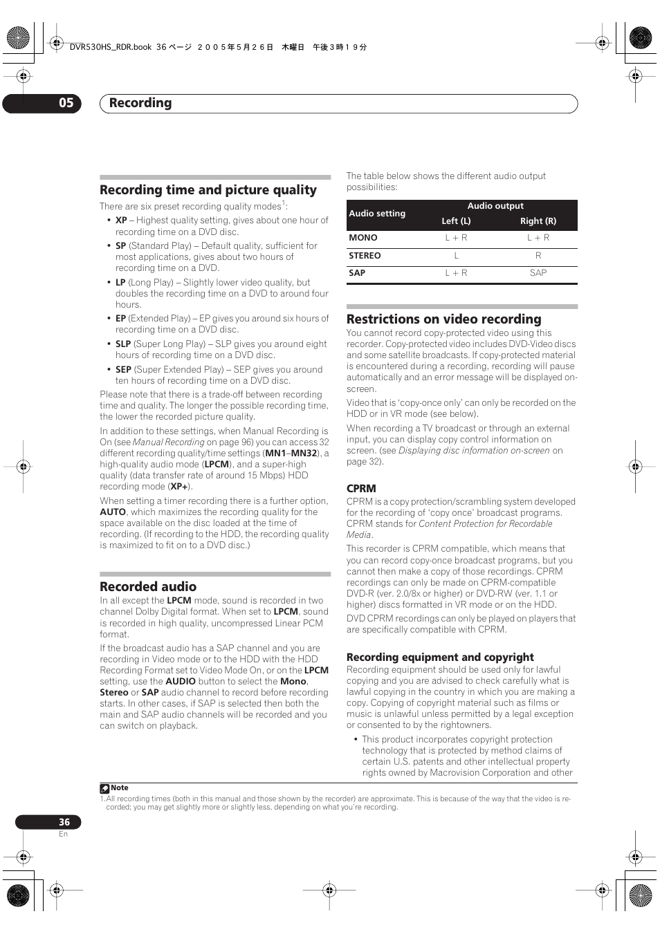 Recording time and picture quality, Recorded audio, Restrictions on video recording | Recording 05 | Pioneer DVR-530H-S User Manual | Page 36 / 119