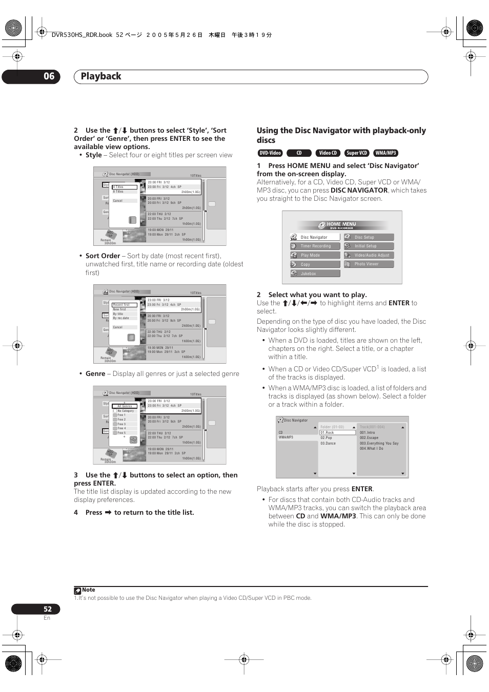 Playback 06, Using the disc navigator with playback-only discs, 2use the | Style, Select four or eight titles per screen view, Sort order, Genre, Display all genres or just a selected genre, 3use the, Buttons to select an option, then press enter | Pioneer DVR-530H-S User Manual | Page 52 / 119