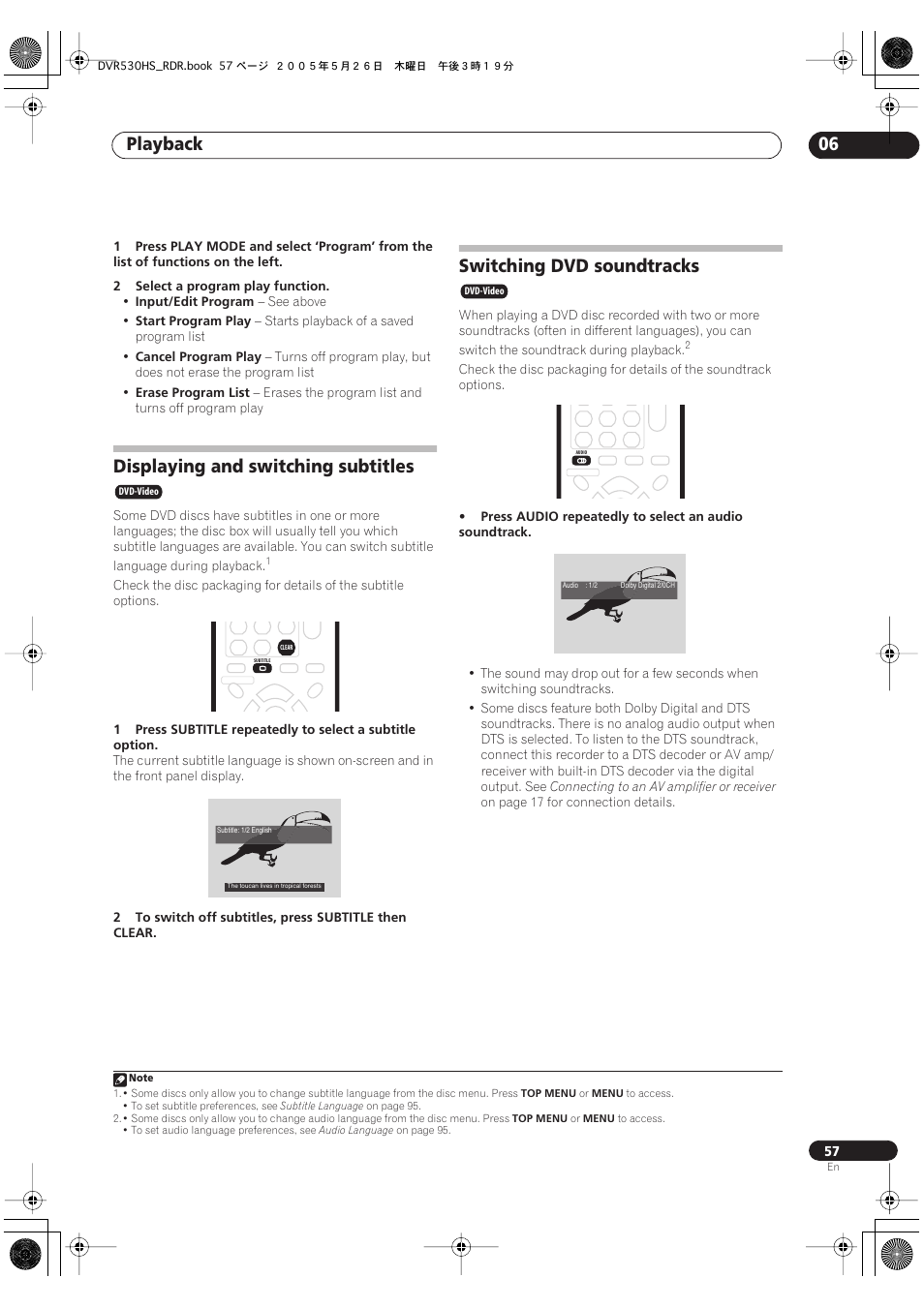 Displaying and switching subtitles, Switching dvd soundtracks, Playback 06 | Pioneer DVR-530H-S User Manual | Page 57 / 119