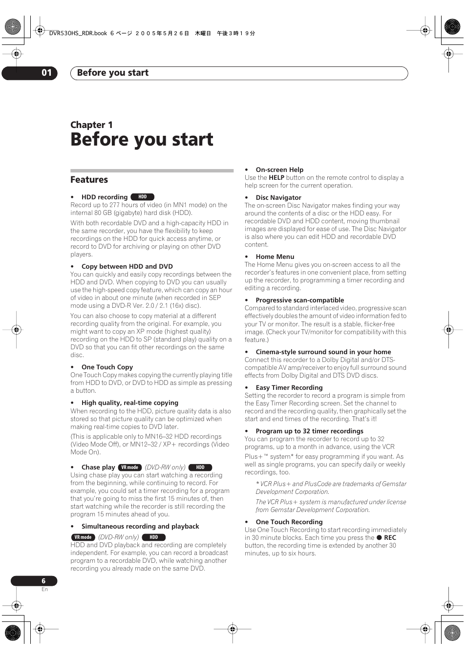 01 before you start, Features, Before you start | Before you start 01, Chapter 1 | Pioneer DVR-530H-S User Manual | Page 6 / 119