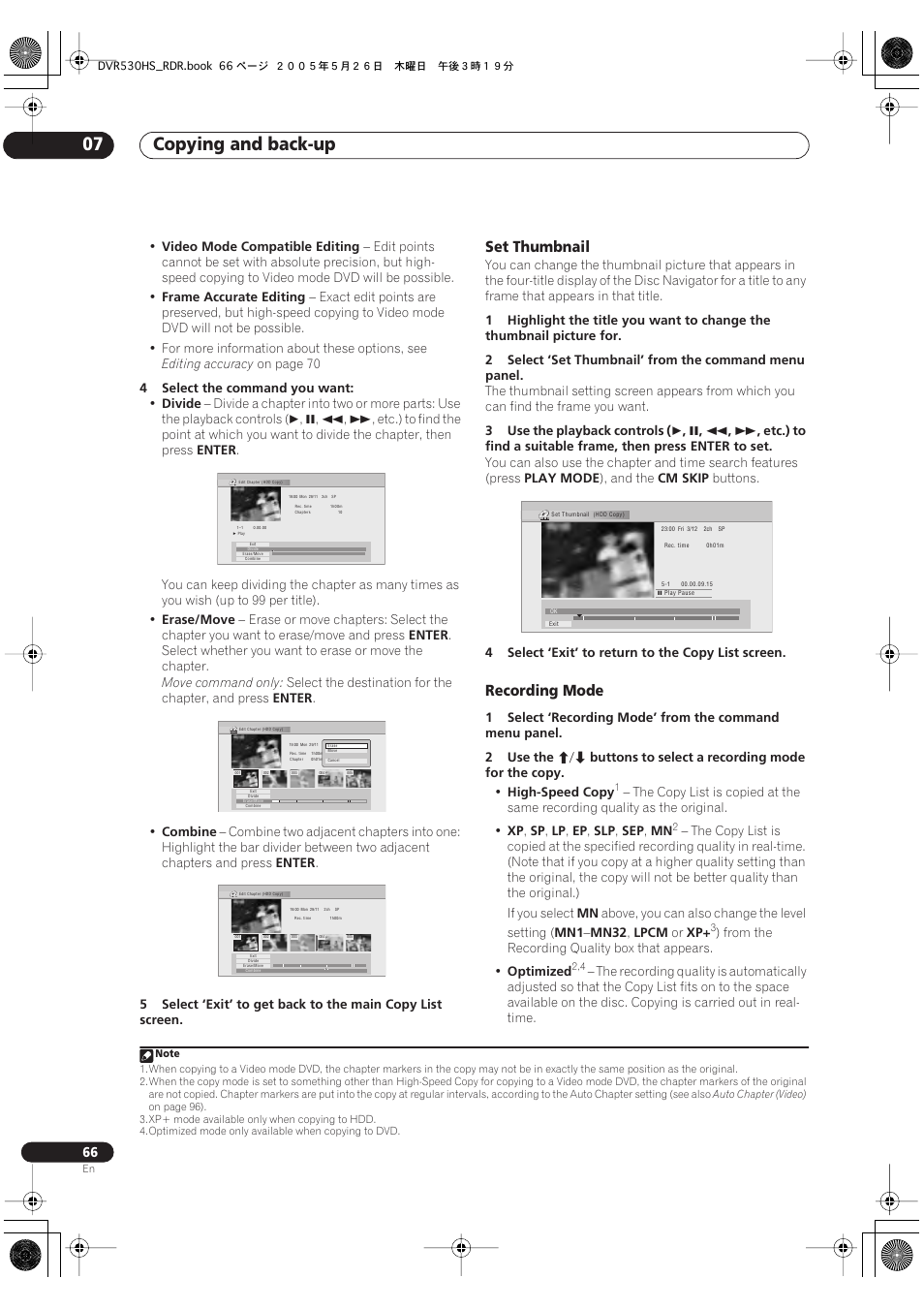 Copying and back-up 07, Set thumbnail, Recording mode | Pioneer DVR-530H-S User Manual | Page 66 / 119