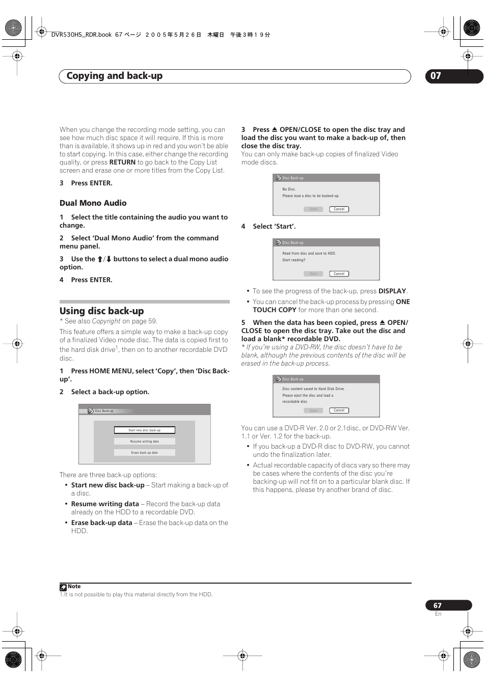 Using disc back-up, Copying and back-up 07, Dual mono audio | Pioneer DVR-530H-S User Manual | Page 67 / 119