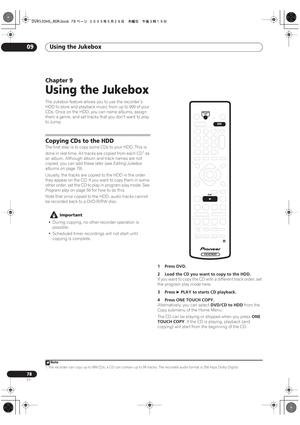 09 using the jukebox, Copying cds to the hdd, Using the jukebox | Using the jukebox 09, Chapter 9 | Pioneer DVR-530H-S User Manual | Page 78 / 119