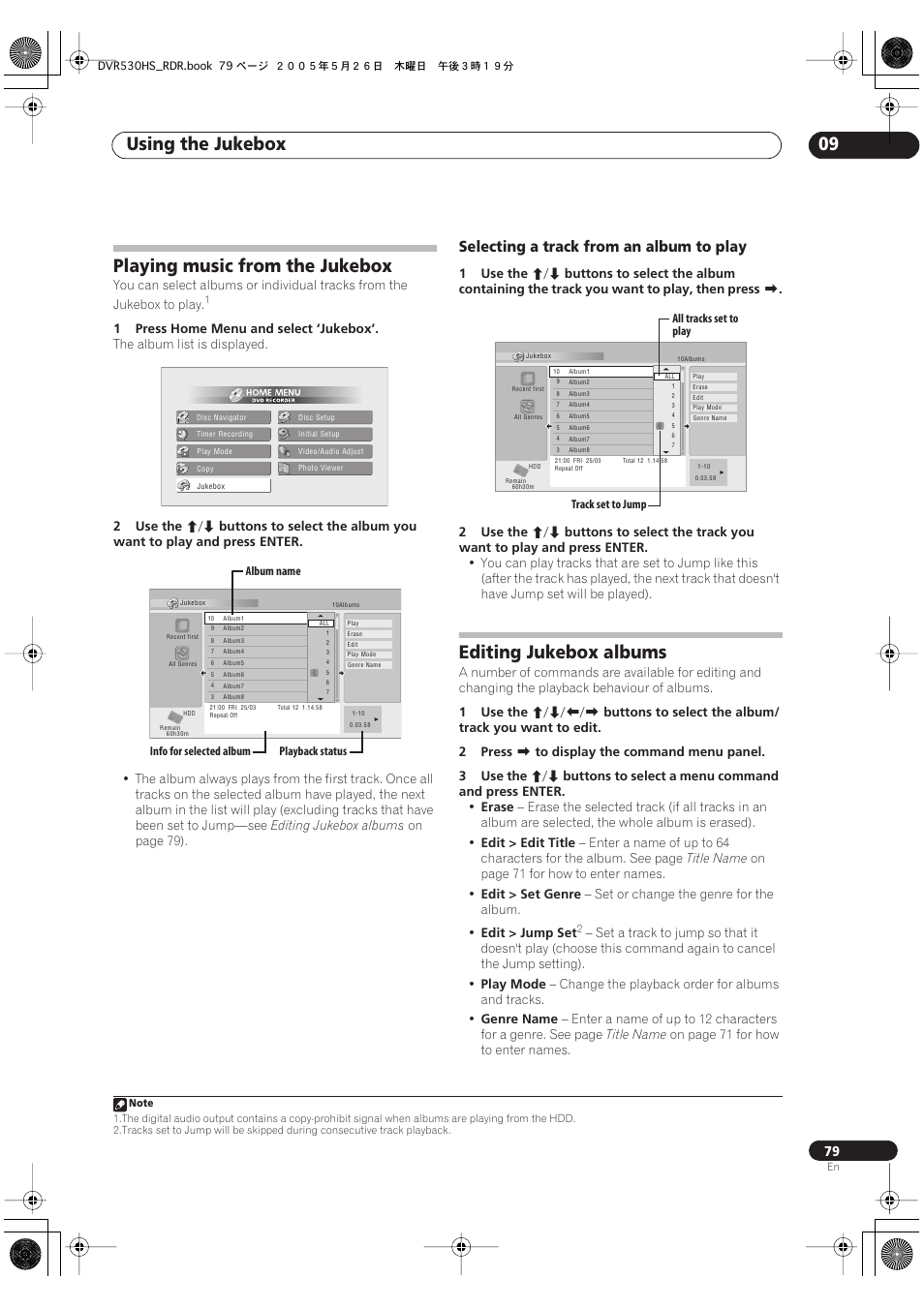 Playing music from the jukebox, Editing jukebox albums, Using the jukebox 09 | Selecting a track from an album to play | Pioneer DVR-530H-S User Manual | Page 79 / 119