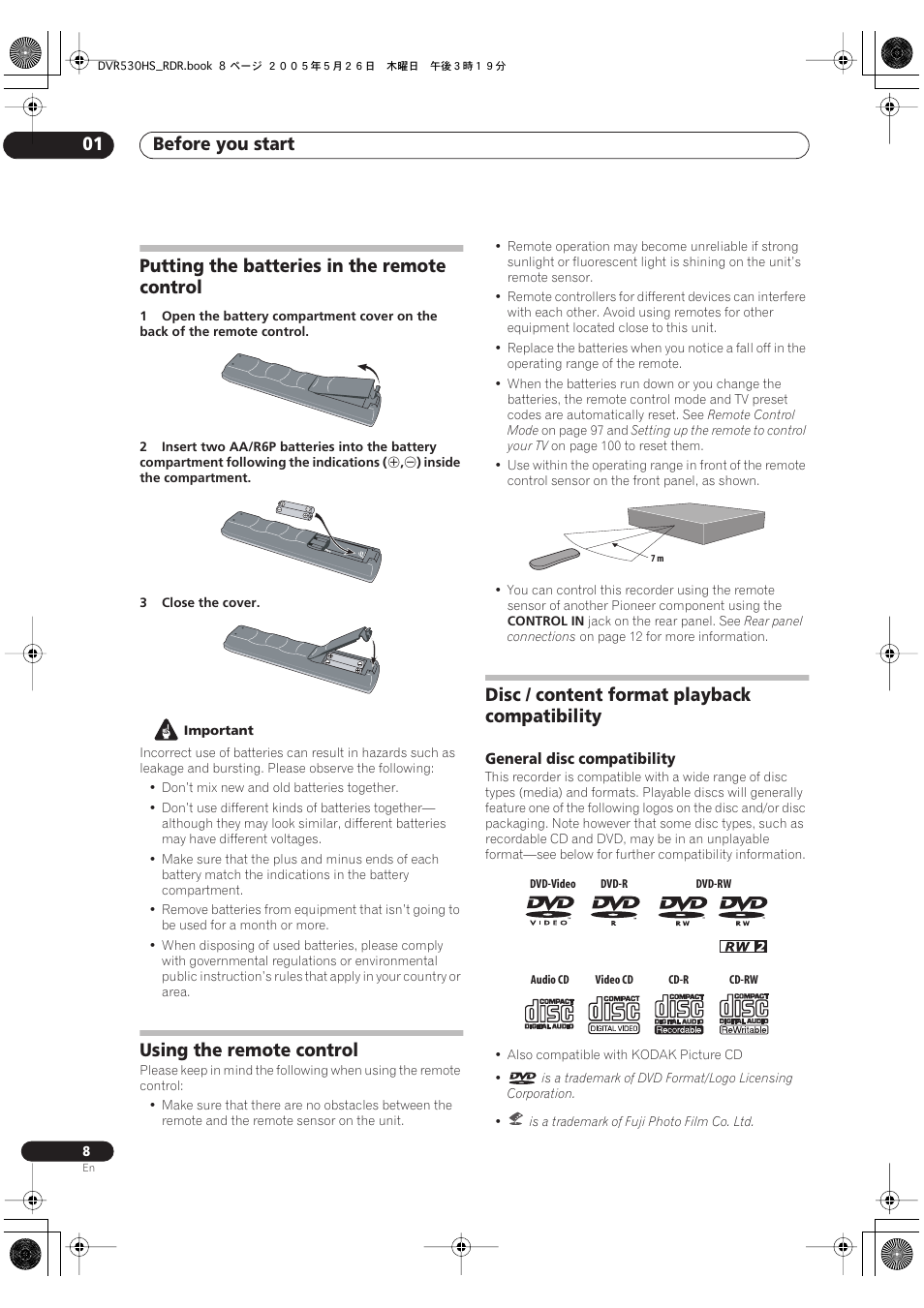 Putting the batteries in the remote control, Using the remote control, Disc / content format playback compatibility | Before you start 01 | Pioneer DVR-530H-S User Manual | Page 8 / 119