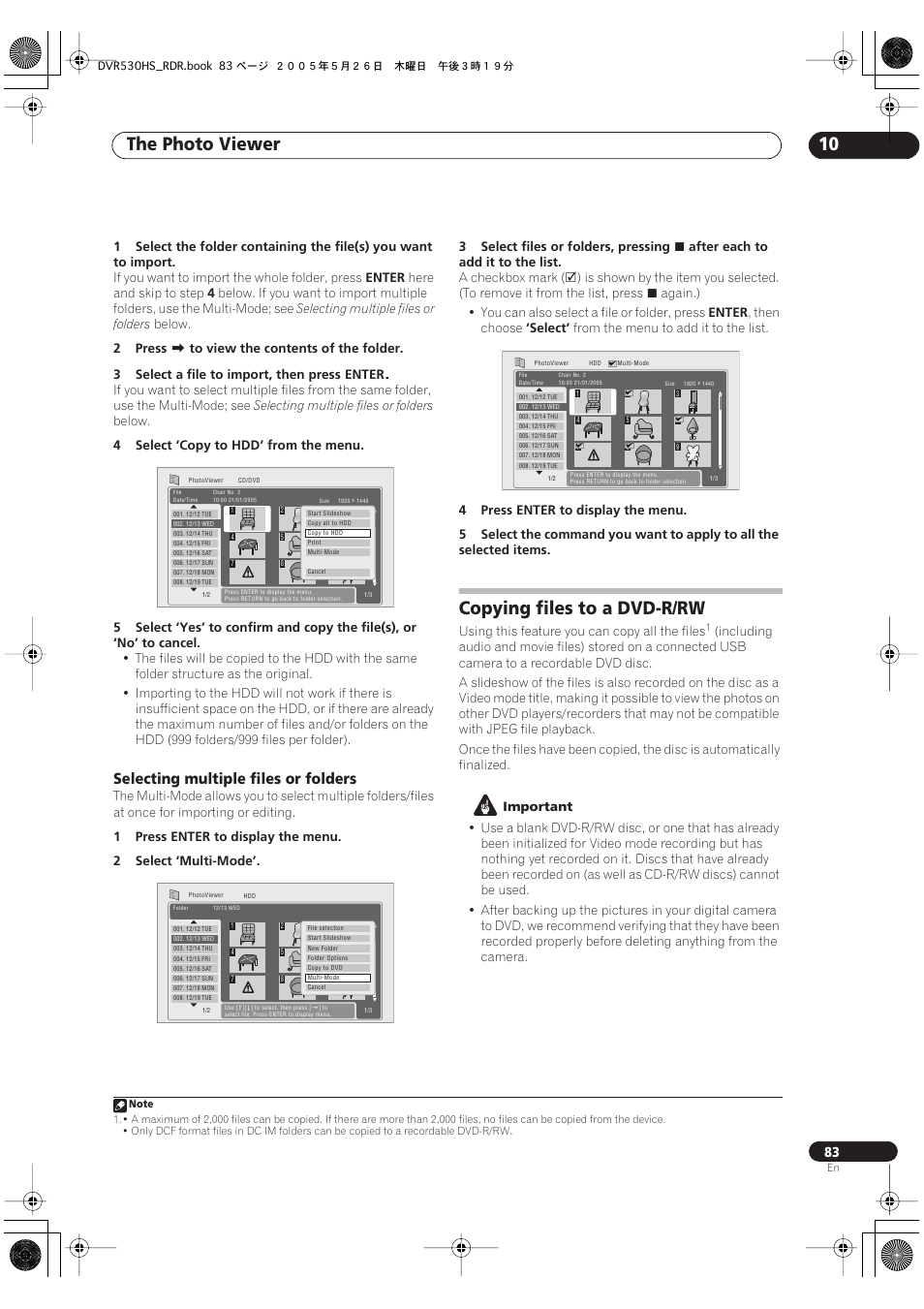 Copying files to a dvd-r/rw, The photo viewer 10, Selecting multiple files or folders | Pioneer DVR-530H-S User Manual | Page 83 / 119