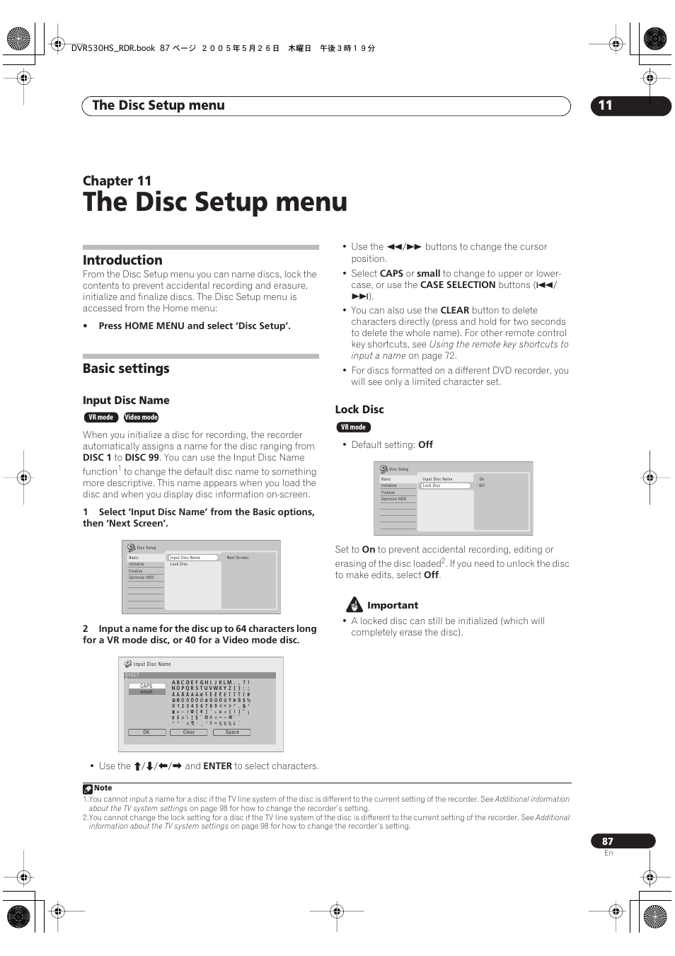 11 the disc setup menu, Introduction, Basic settings | The disc setup menu, The disc setup menu 11, Chapter 11, Input disc name, Lock disc | Pioneer DVR-530H-S User Manual | Page 87 / 119