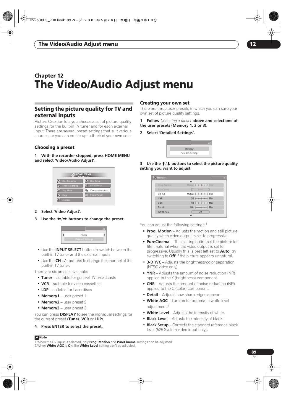 12 the video/audio adjust menu, The video/audio adjust menu, The video/audio adjust menu 12 | Chapter 12, Choosing a preset, Creating your own set | Pioneer DVR-530H-S User Manual | Page 89 / 119