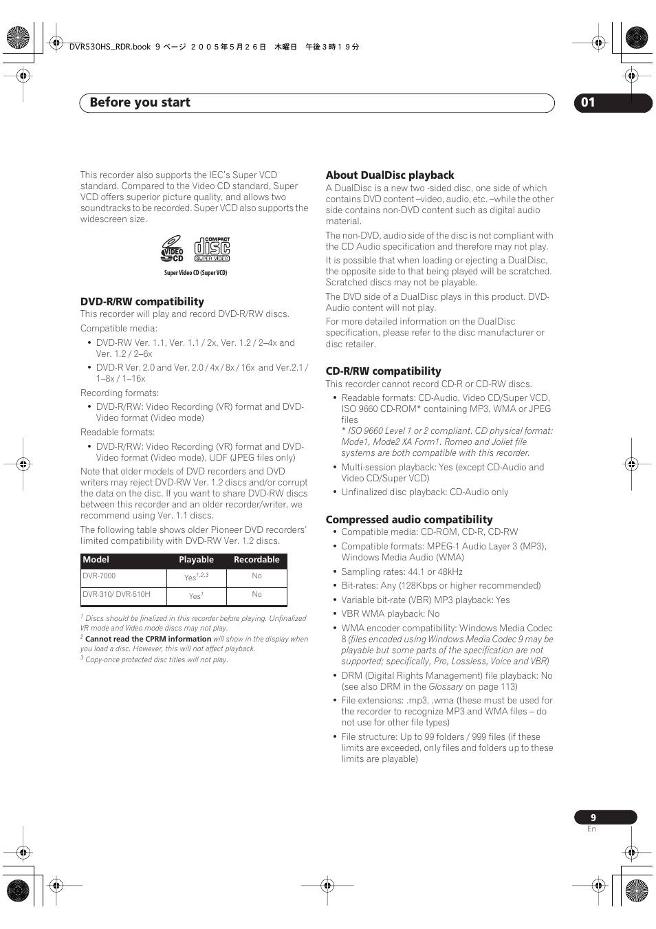 Before you start 01, Dvd-r/rw compatibility, About dualdisc playback | Cd-r/rw compatibility, Compressed audio compatibility | Pioneer DVR-530H-S User Manual | Page 9 / 119