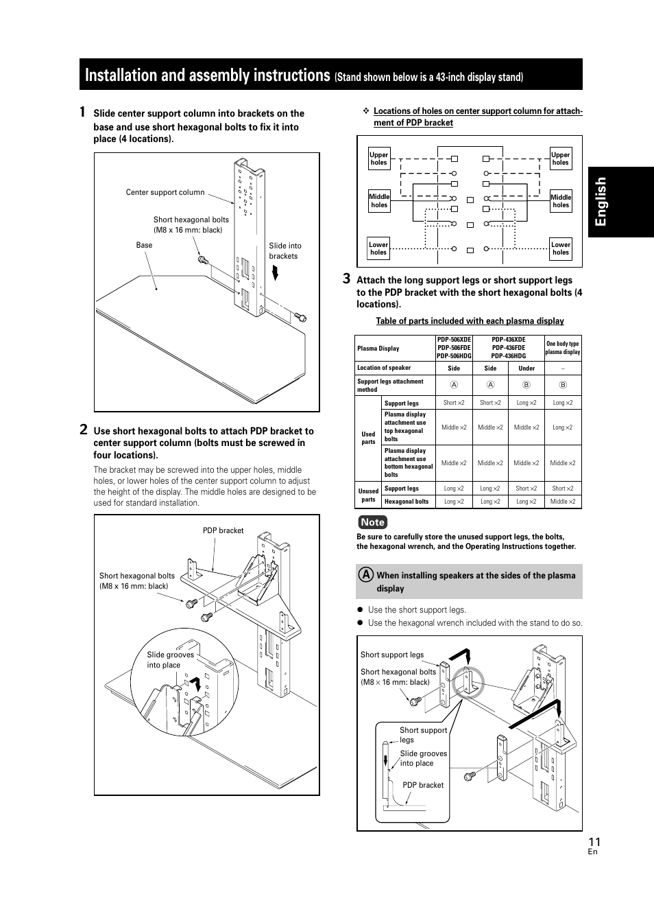 Installation and assembly instructions, English, Stand shown below is a 43-inch display stand) | Pioneer PDK-FS05 User Manual | Page 11 / 63