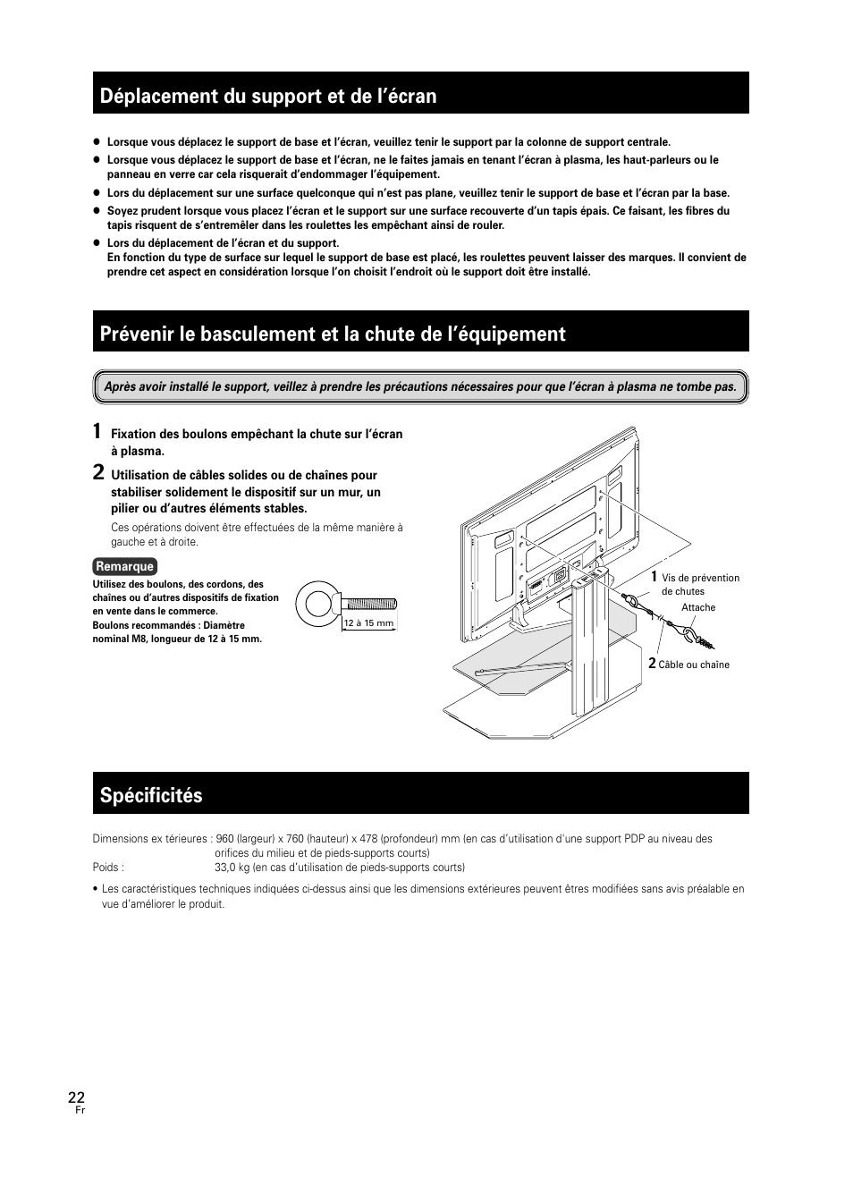 Déplacement du support et de l’écran, Spécificités | Pioneer PDK-FS05 User Manual | Page 22 / 63