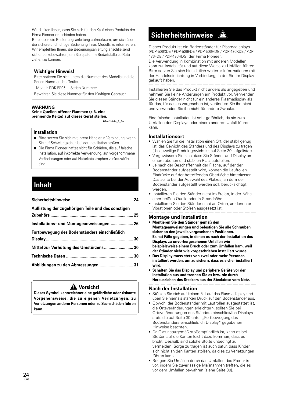 Bedienungsanleitung, Inhalt, Sicherheitshinweise | Pioneer PDK-FS05 User Manual | Page 24 / 63