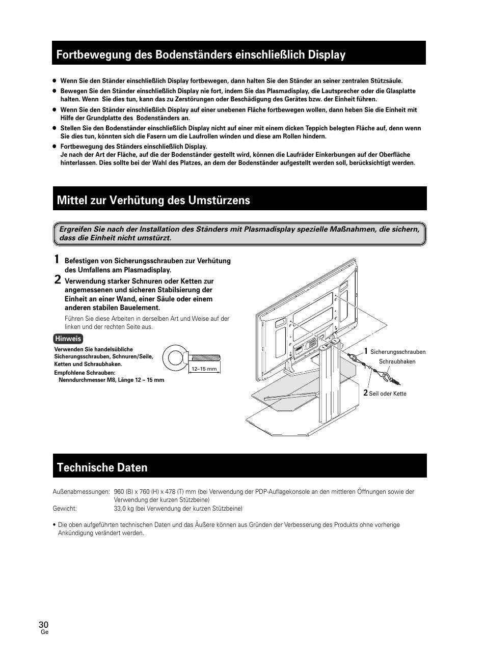 Fortbewegung des bodenständers einschließlich, Display, Mittel zur verhütung des umstürzens | Technische daten | Pioneer PDK-FS05 User Manual | Page 30 / 63